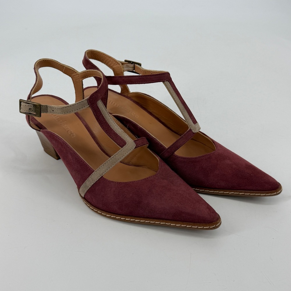 Sundance Women Burgundy Suede T-Strap Pointed Toe Block Heel Pumps Shoes